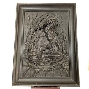 Vintage Madonna Virgin Mary Baby Jesus Formed Leather Framed Wall Art 19"x14"